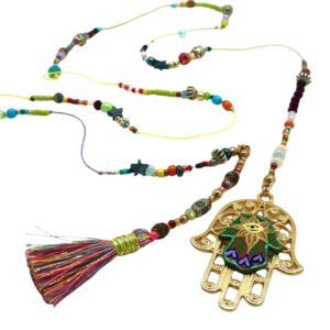 Collar con Hamsa de metal y piel pintada a mano