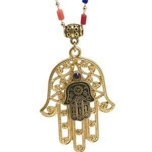 Collar con Hamsa de pewter, oro viejo y cadena multicolor