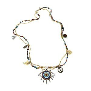 Collar con ojo de madera y cadena de cristales con dijes