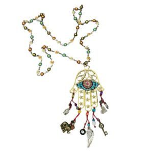 Collar Hamsa y cadena de flores con ojo y dijes de protección