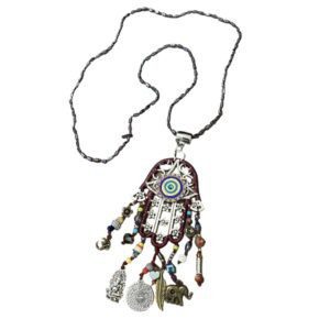 Collar largo con Hamsa bordado (vino) y dije de OJO