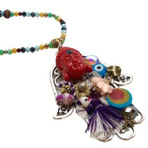 Collar largo Hamsa hecho a mano pieza única mexican boho cristal