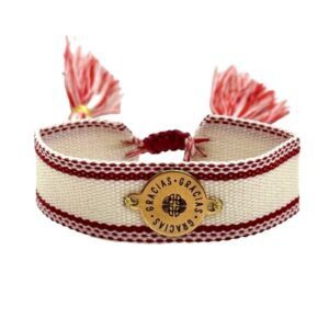 Pulsera bordada con placa de GRACIAS, GRACIAS, GRACIAS blanca