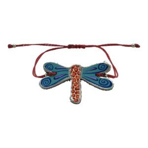 Pulsera de piel con libélula y cordón encerado