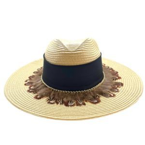 Sombrero Celulosa color paja con cinta negra y plumas