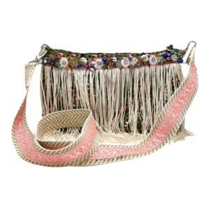 Bolsa “cross body” beige, salmón, rosa y verde militar con dijes bordados
