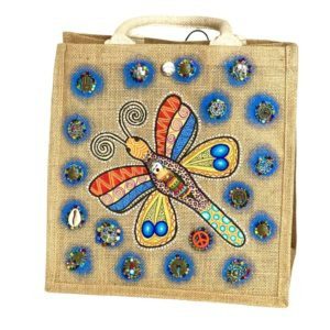Bolsa cuadrada de yute con LIBELULA pintada a mano y dijes bordados